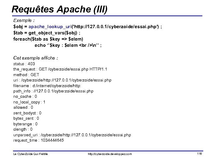 Requêtes Apache (III) Exemple : $obj = apache_lookup_uri('http: //127. 0. 0. 1/cyberzoide/essai. php') ;