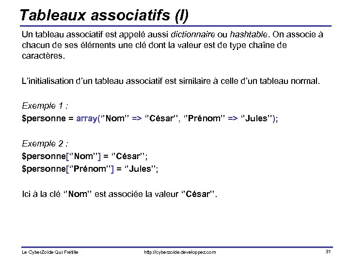 Tableaux associatifs (I) Un tableau associatif est appelé aussi dictionnaire ou hashtable. On associe