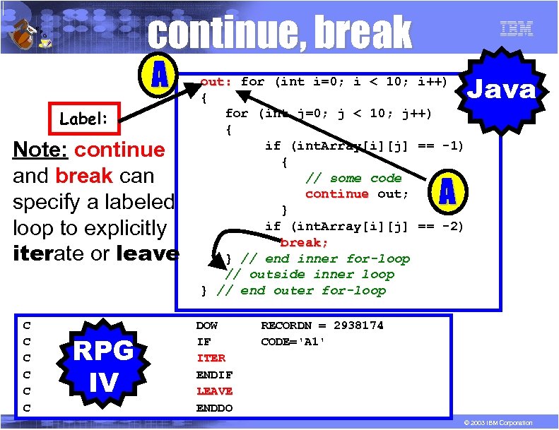 R P continue, break G A Label: Note: continue and break can specify a