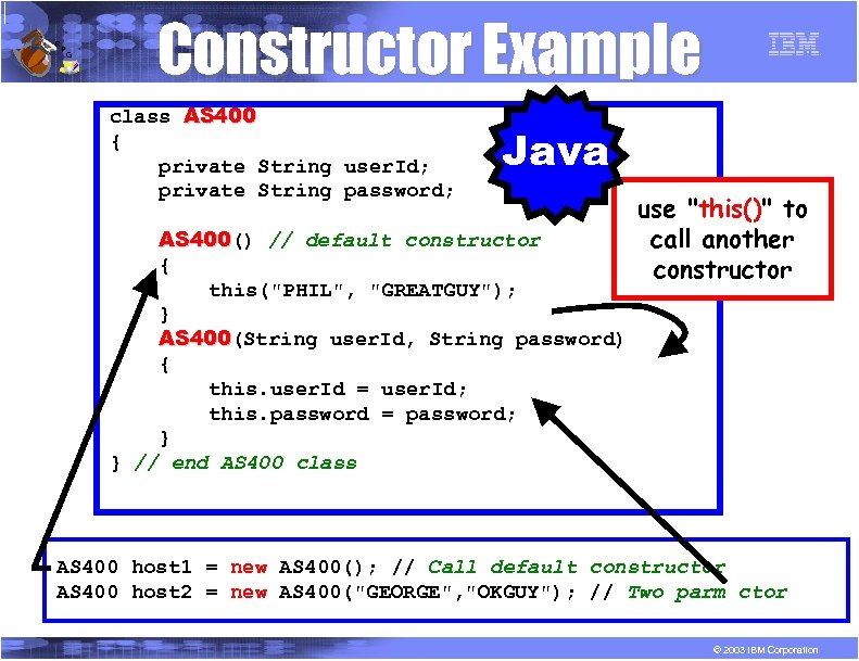 R P G Constructor Example class AS 400 { private String user. Id; private