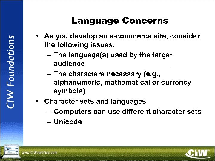 Language Concerns • As you develop an e-commerce site, consider the following issues: –