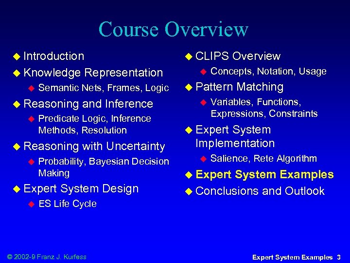 Course Overview u Introduction u Knowledge u with Uncertainty Probability, Bayesian Decision Making u