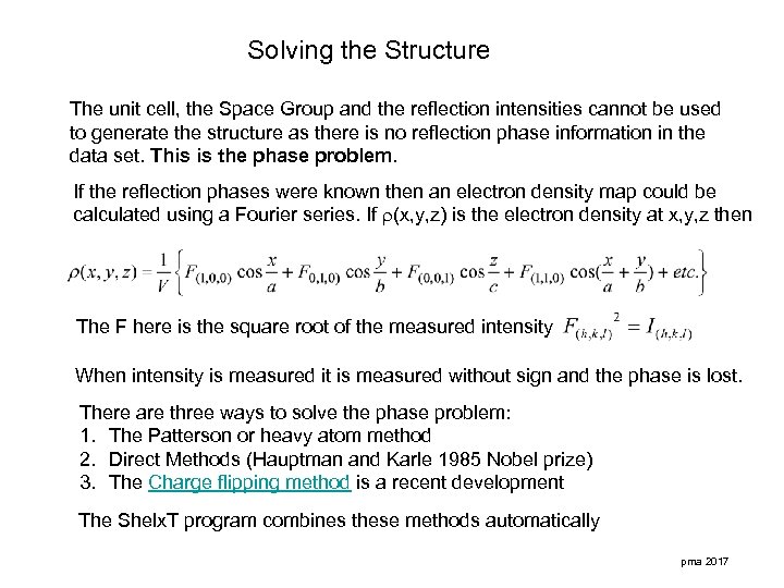 Solving the Structure The unit cell, the Space Group and the reflection intensities cannot