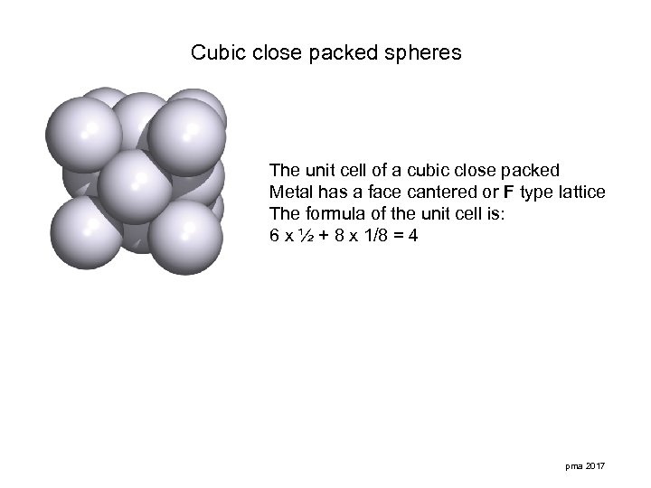 Cubic close packed spheres The unit cell of a cubic close packed Metal has