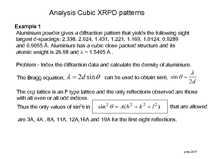 Analysis Cubic XRPD patterns Example 1 Aluminium powder gives a diffraction pattern that yields