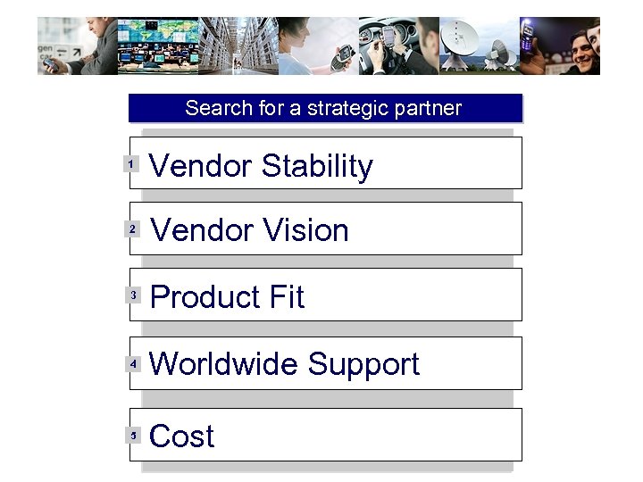 Search for a strategic partner 1 Vendor Stability 2 Vendor Vision 3 Product Fit