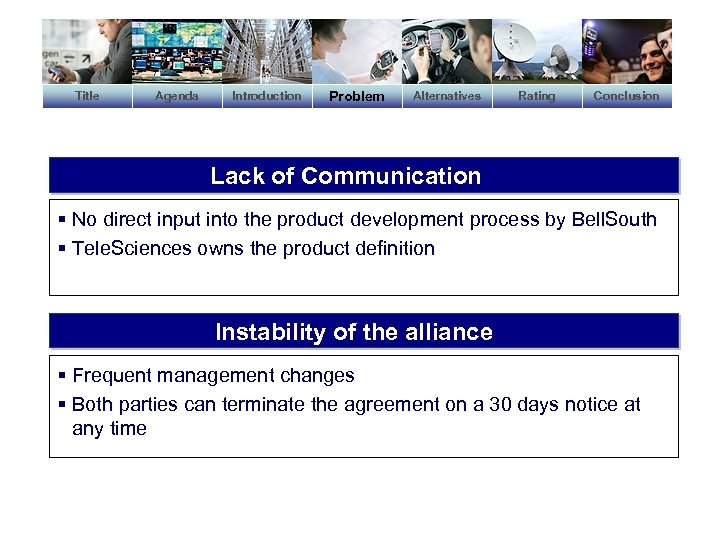 Title Agenda Introduction Problem Alternatives Rating Conclusion Lack of Communication § No direct input