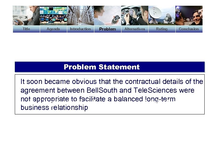 Title Agenda Introduction Problem Alternatives Rating Conclusion Problem Statement It soon became obvious that