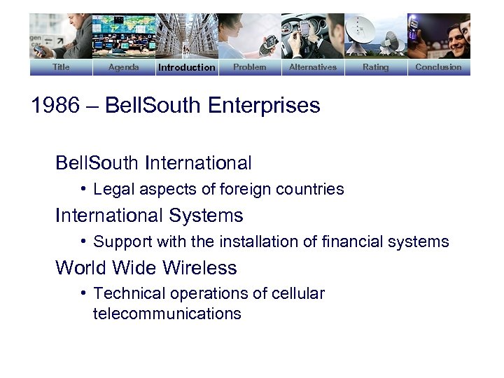 Title Agenda Introduction Problem Alternatives Rating Conclusion 1986 – Bell. South Enterprises Bell. South