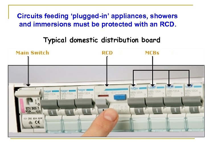 Circuits feeding ‘plugged-in’ appliances, showers and immersions must be protected with an RCD. Typical