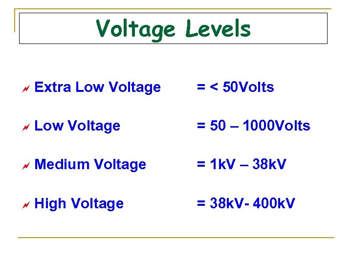 Voltage Levels ~ Extra Low Voltage = < 50 Volts ~ Low Voltage =