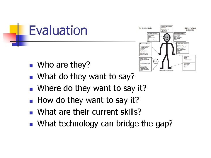 Evaluation n n n Who are they? What do they want to say? Where