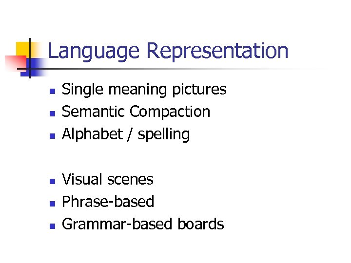 Language Representation n n n Single meaning pictures Semantic Compaction Alphabet / spelling Visual