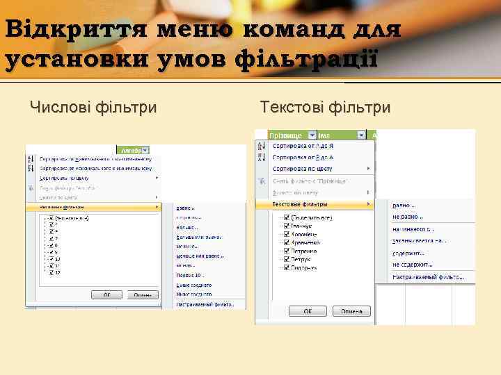 Відкриття меню команд для установки умов фільтрації Числові фільтри Текстові фільтри 