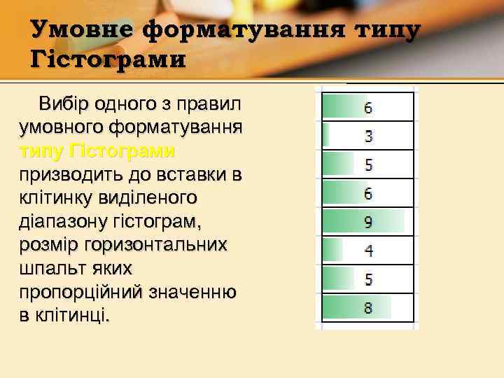 Умовне форматування типу Гістограми Вибір одного з правил умовного форматування типу Гістограми призводить до