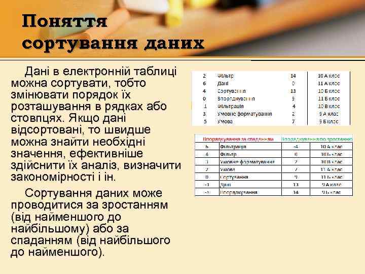 Поняття сортування даних Дані в електронній таблиці можна сортувати, тобто змінювати порядок їх розташування