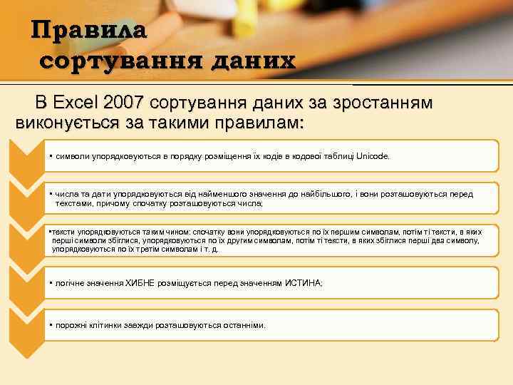 Правила сортування даних В Excel 2007 сортування даних за зростанням виконується за такими правилам: