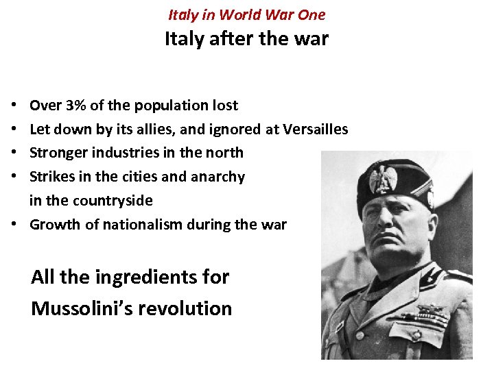 Italy in World War One Italy after the war Over 3% of the population