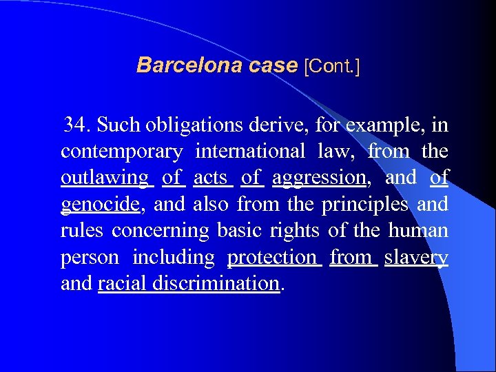 Barcelona case [Cont. ] 34. Such obligations derive, for example, in contemporary international law,