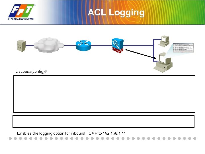 ACL Logging ciscoasa(config)# Enables the logging option for inbound ICMP to 192. 168. 1.