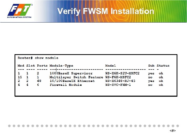 Verify FWSM Installation <#> 