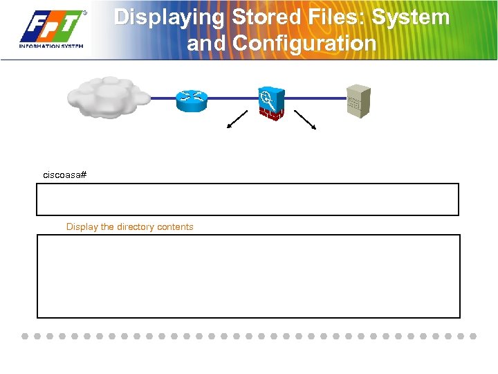Displaying Stored Files: System and Configuration ciscoasa# Display the directory contents 