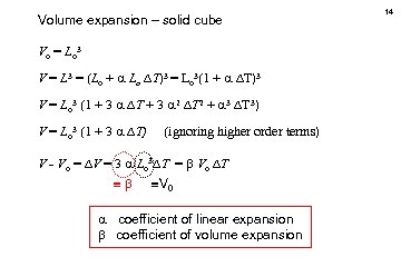 Volume expansion – solid cube Vo = Lo 3 V = L 3 =