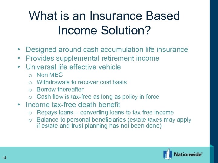 What is an Insurance Based Income Solution? • Designed around cash accumulation life insurance