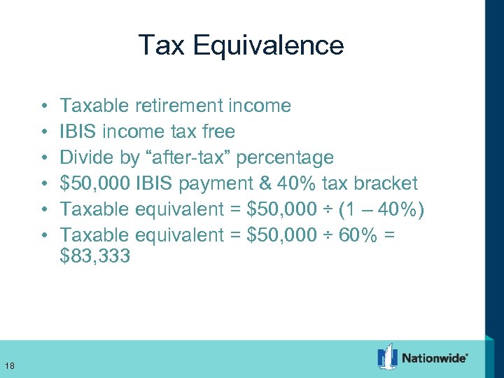 Tax Equivalence • • • 18 Taxable retirement income IBIS income tax free Divide