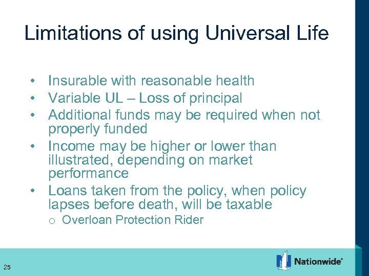 Limitations of using Universal Life • Insurable with reasonable health • Variable UL –