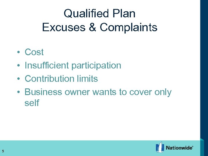 Qualified Plan Excuses & Complaints • • 5 Cost Insufficient participation Contribution limits Business