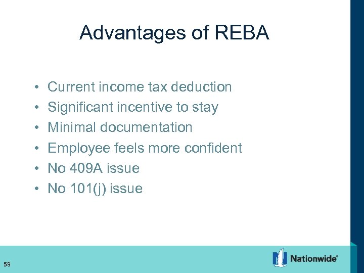 Advantages of REBA • • • 59 Current income tax deduction Significant incentive to