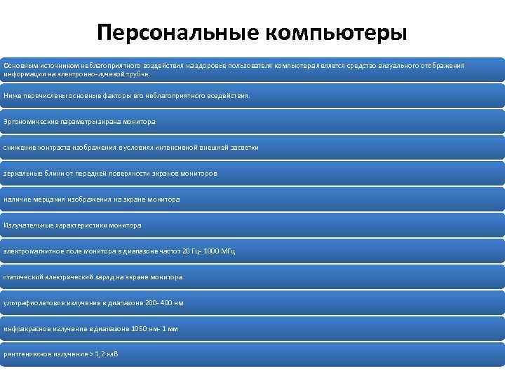 Персональные компьютеры Основным источником неблагоприятного воздействия на здоровье пользователя компьютера является средство визуального отображения