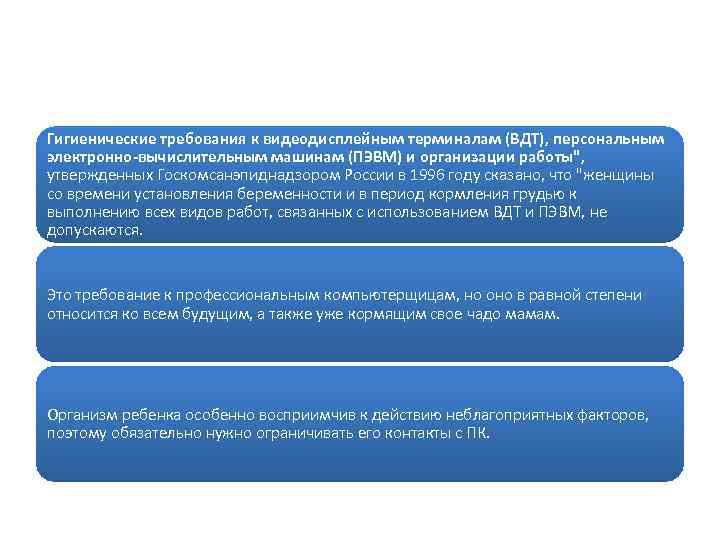 Гигиенические требования к видеодисплейным терминалам (ВДТ), персональным электронно-вычислительным машинам (ПЭВМ) и организации работы", утвержденных