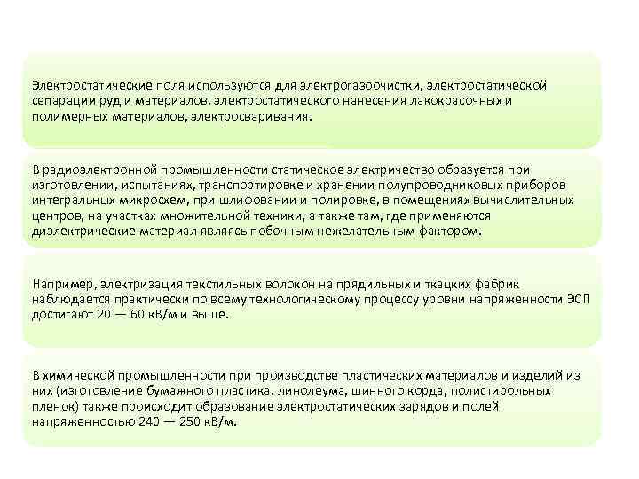 Электростатические поля используются для электрогазоочистки, электростатической сепарации руд и материалов, электростатического нанесения лакокрасочных и