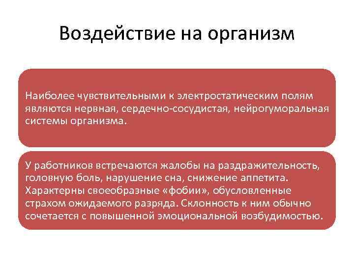 Воздействие на организм Наиболее чувствительными к электростатическим полям являются нервная, сердечно-сосудистая, нейрогуморальная системы организма.