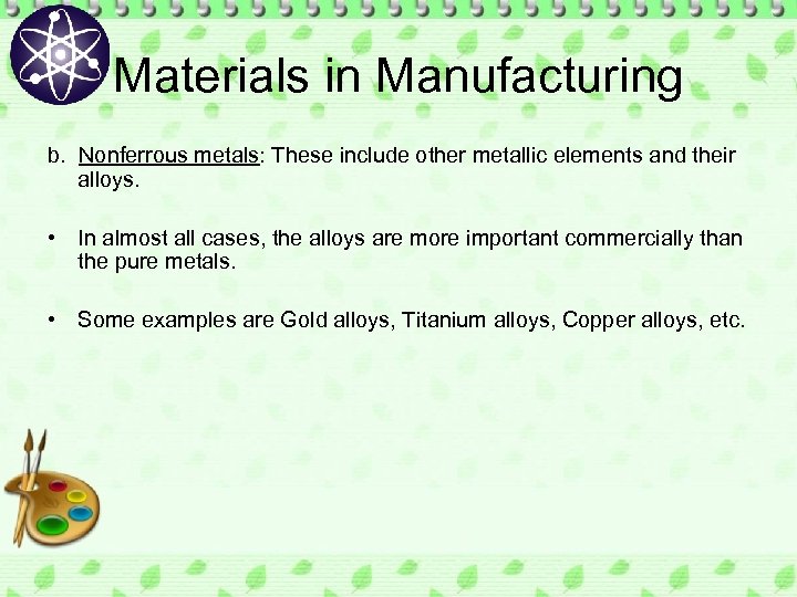 Materials in Manufacturing b. Nonferrous metals: These include other metallic elements and their alloys.