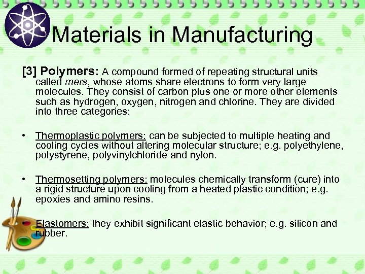 Materials in Manufacturing [3] Polymers: A compound formed of repeating structural units called mers,