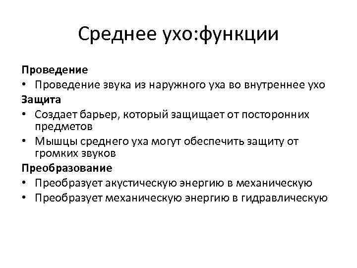 Среднее ухо: функции Проведение • Проведение звука из наружного уха во внутреннее ухо Защита