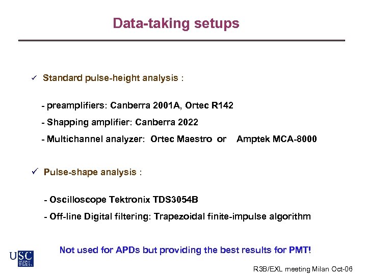 Data-taking setups Standard pulse-height analysis : - preamplifiers: Canberra 2001 A, Ortec R 142