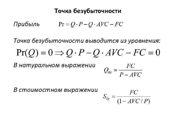 Точка безубыточности Прибыль Точка безубыточности выводится из уравнения: В натуральном выражении В стоимостном выражении