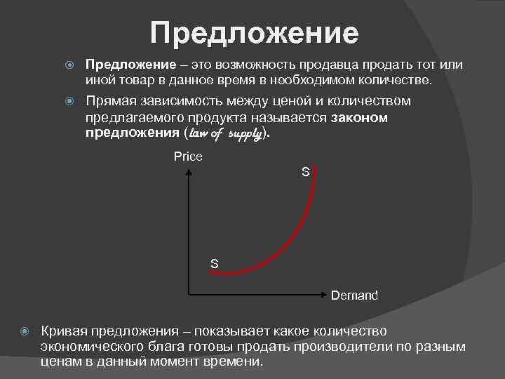 Предложение – это возможность продавца продать тот или иной товар в данное время в