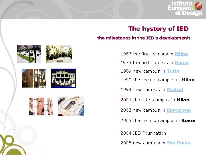 The hystory of IED the milestones in the IED’s development: 1966 the first campus