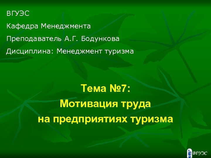 ВГУЭС Кафедра Менеджмента Преподаватель А. Г. Бодункова Дисциплина: Менеджмент туризма Тема № 7: Мотивация