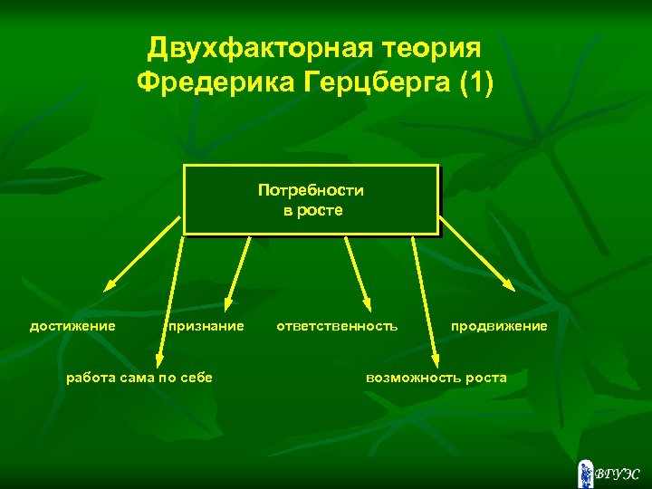 Двухфакторная теория Фредерика Герцберга (1) Потребности в росте достижение признание работа сама по себе