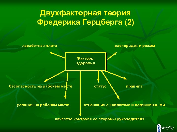 Двухфакторная теория Фредерика Герцберга (2) заработная плата распорядок и режим Факторы здоровья безопасность на