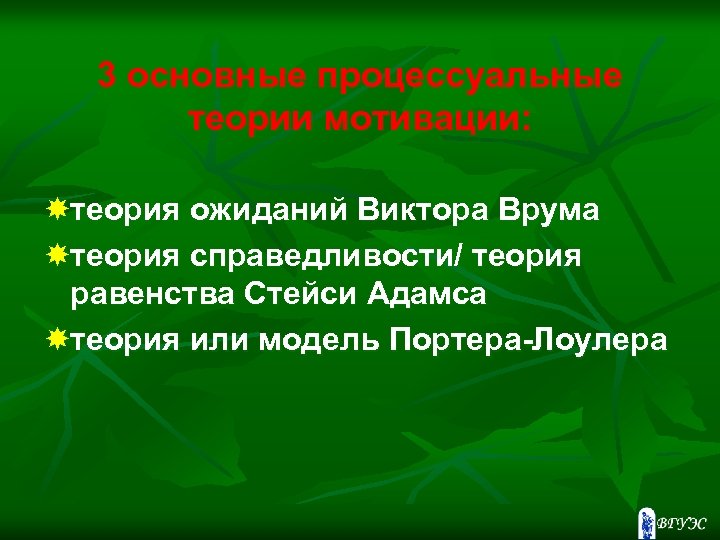 3 основные процессуальные теории мотивации: теория ожиданий Виктора Врума теория справедливости/ теория равенства Стейси