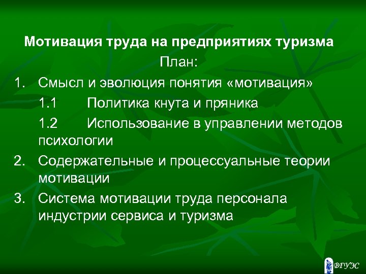 Мотивация труда на предприятиях туризма План: 1. Смысл и эволюция понятия «мотивация» 1. 1