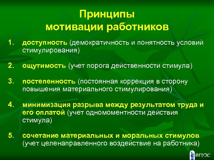 Принципы мотивации работников 1. доступность (демократичность и понятность условий стимулирования) 2. ощутимость (учет порога