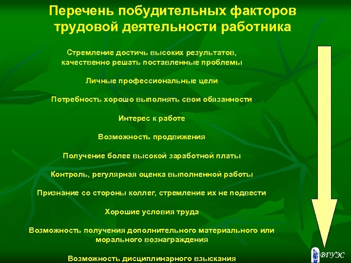 Перечень побудительных факторов трудовой деятельности работника Стремление достичь высоких результатов, качественно решать поставленные проблемы